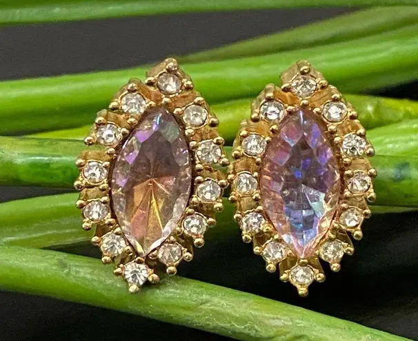Vintage TARA Signed AB Crystal Aurora Borealis Marquis Navette Clip On Earrings