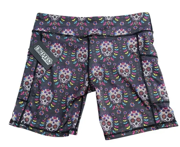 Epic MMA Size L Pocket Biker Shorts Multicolor Sugar Skull Print Cross Fit NWT Black Size L