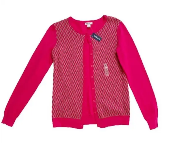 Old Navy  Cardigan Sweater Fuchsia Tan Geo Print Crew Neck Button Front Small NEW