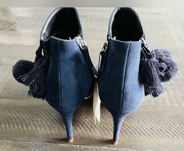 ZARA  Leather Navy Blue Pom Pom Detail Heel Ankle Boots Size 9.5