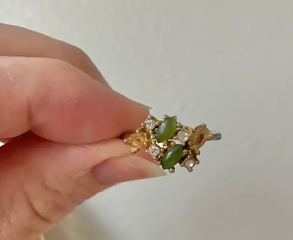UNCAS Jade Leaf Marquise Gold Ring “Leifa” Green Earthy Bohemian Victorian Femme Jewelry