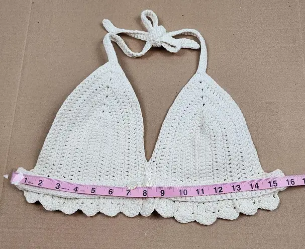 New Crochet Halter Top Bralette in Cream Cotton Scalloped Edge Handmade Size M