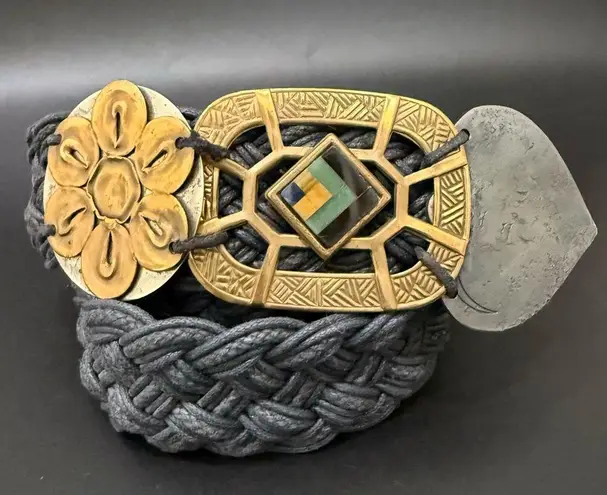 Vintage BAER SF Hammered Mixed Metal Boho Bohemian Woven Braided Belt One Size Black