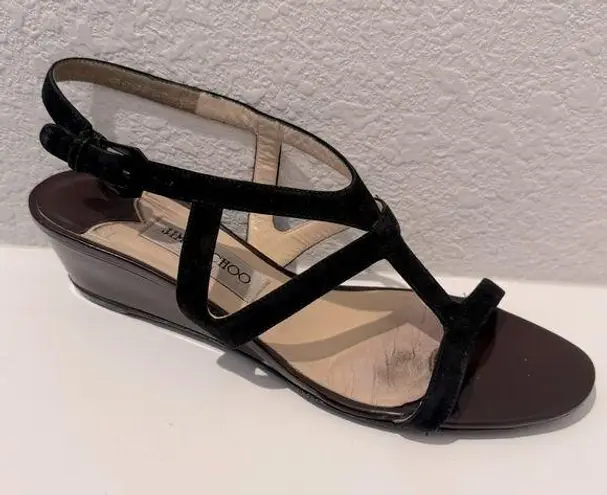 Jimmy Choo Wedge Sandals Black Suede and Chocolate Brown Patent Leather EU 39