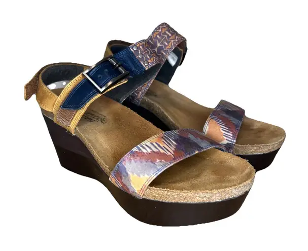 NAOT Women 39 EU 8.5 US Sandals Blue Tan Leather Strappy Wedge Adjustable Buckle