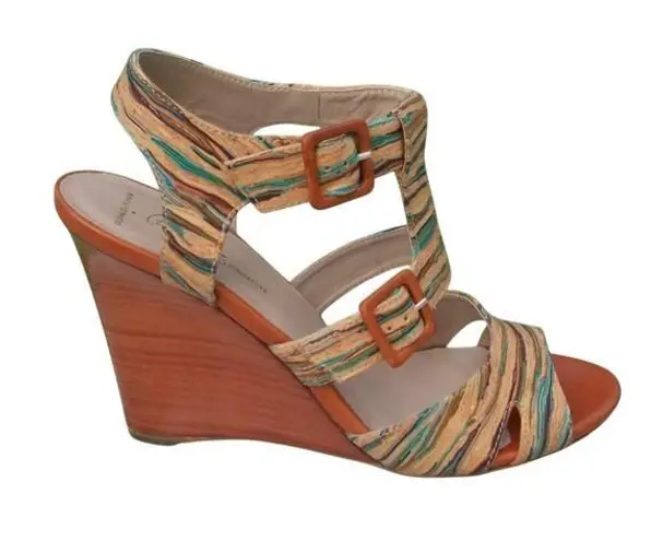 Donald Pliner Couture Hand Painted Multi Color Cork Wedge Shoe Strappy NWT $395 Tan Size 7