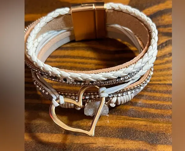 Gold Cream Heart and Stone Bracelet magnetic closure wide beaded cord boho artsy