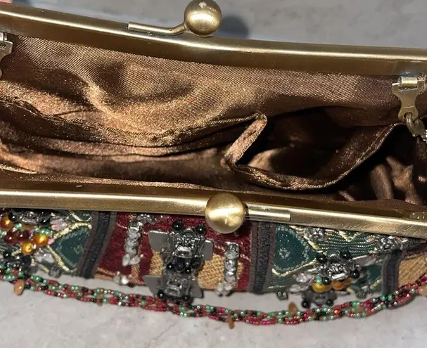 Prezzo Vintage NWT Tapestry Beaded Rhinestone KISS lock purse changeable straps Brown