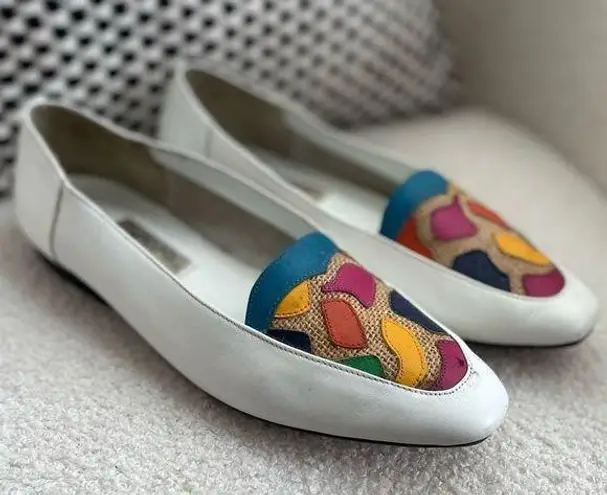 Vintage 80s 90s Arpeggios Leather Loafers Flats Shoes Rainbow Color White 9
