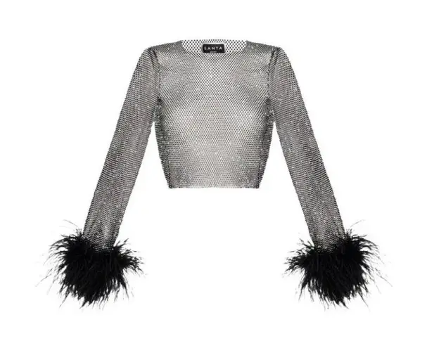 Santa Brands Feathers Top in Black XS/S New Womens Crystal Blouse
