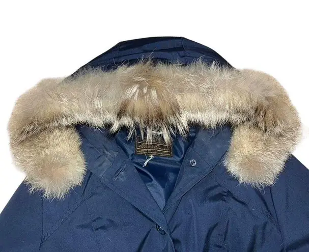 Eddie Bauer Vintage  Womens Coyote Fur Trim Down Parka Trench Coat Blue Small