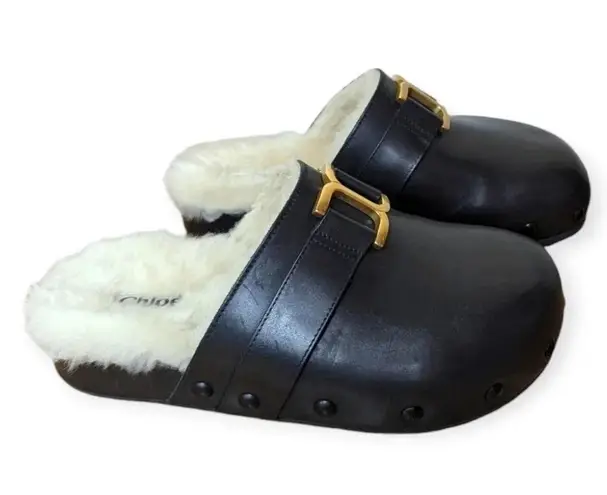 Chloé Leather Mules Black Size 6 Shearling Slip-On Designer Luxury