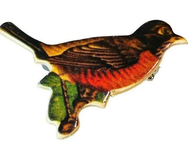 Vintage Die Cut Bird Jewelry Pin Brooch Marked Louise Handwritten Fall Colors