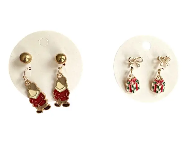 Christmas Gnome & Gift Earrings Set Gold Tone Enamel Holiday Jewelry