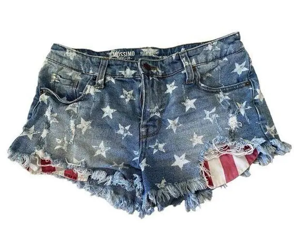 Mossimo Fringe Distressed Denim Shorts Stars Patriotic Beach Coastal School Vaca Blue Size 6