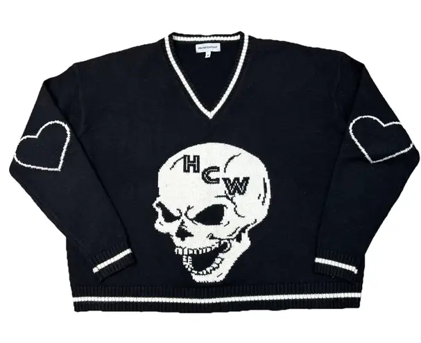 Heaven Can Wait Women M Sweater Knit Black White Skull V