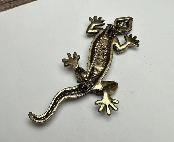 Lia Sophia Rhinestone Lizard Reptile Brooch Pin Gold Tone