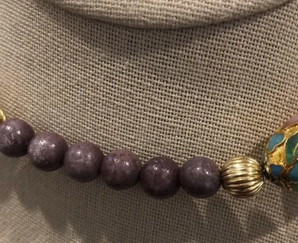 Amethyst Vintage Beads and Gold Floral Cloisonné Enamel Beaded Necklace