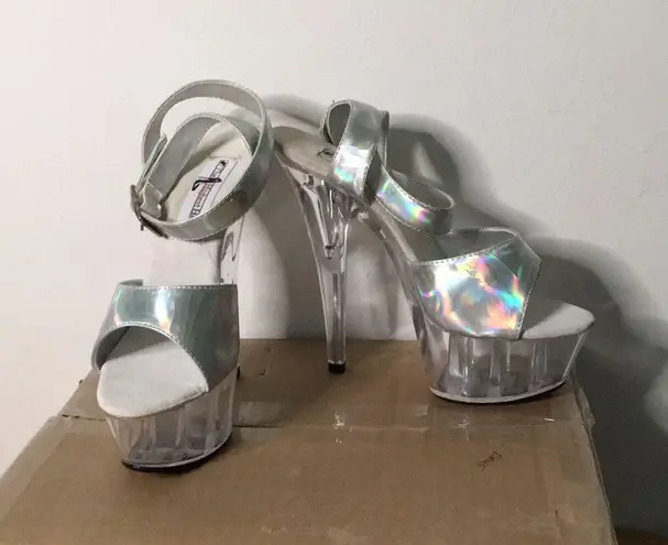 New Womens The Highest Heel Clear Platform Strappy 6” Heels Size 6M Silver