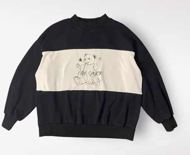 Pink Savior Teddy Bear Color Block Crewneck Womens Size Medium Black White