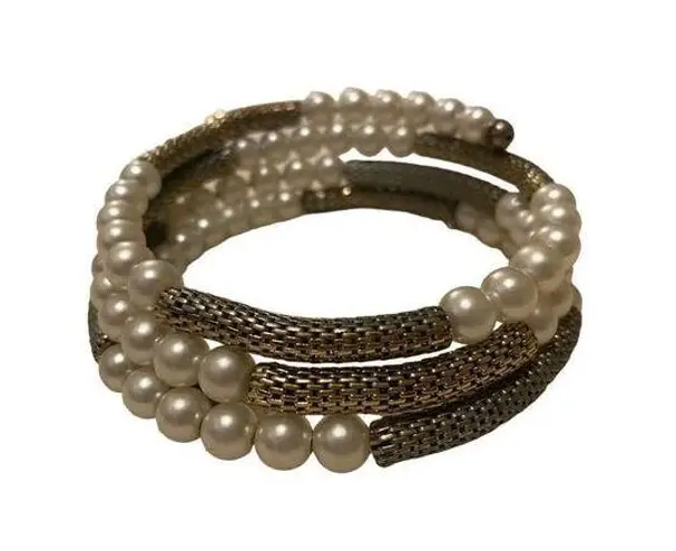 Vintage Bracelet Gold Tone White Faux Pearl Beads Wrap Cuff