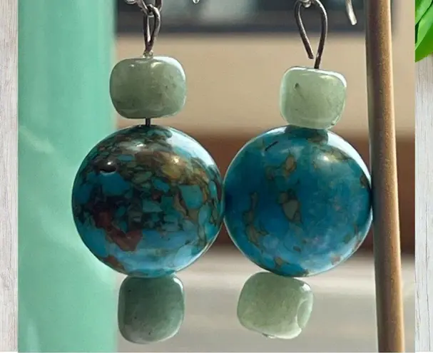 Vintage Genuine Kingman Turquoise & Aventurine Stone Sterling Drop Earrings Blue