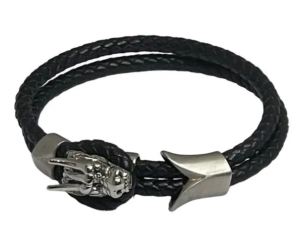 The Row Steeltime Dragon Double Braided Leather Bracelet Black Silver Unisex