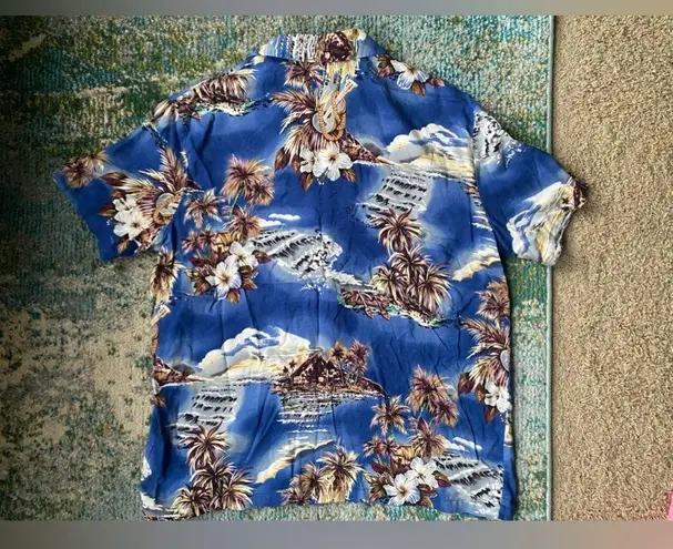 Vintage Hilo Hattie blue pal trees Hawaiian print button down blouse, size XS