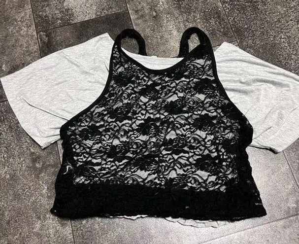 Totally 80’s Grey Off the Shoulder Top with Black Lace Overlay Tank