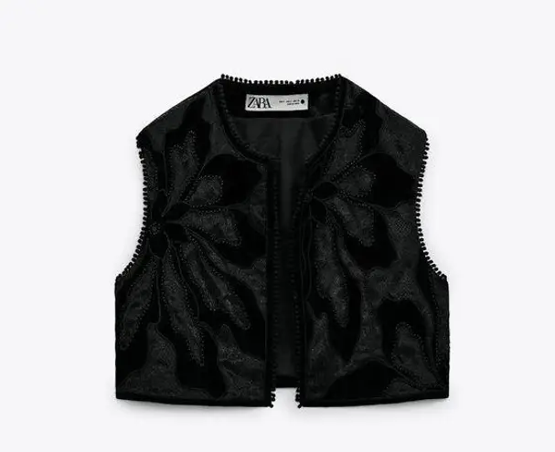 ZARA  Embroidered Velvet Open Front Vest