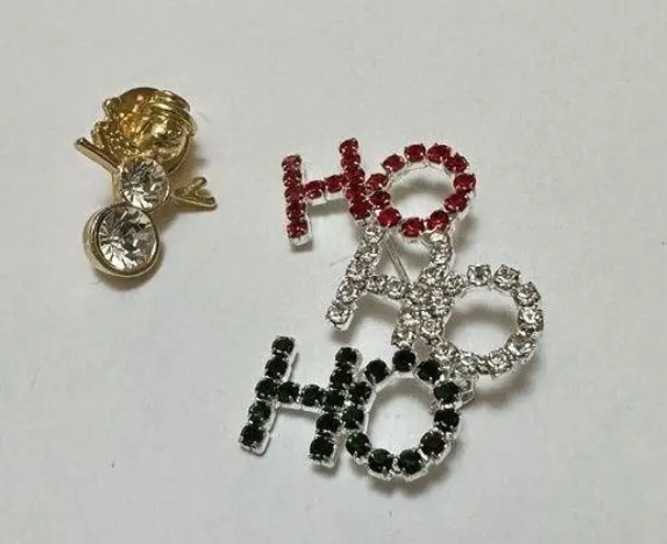Lot Of 2 Brooch Pins Christmas Holiday Rhinestone Ho Ho Ho / Snowman