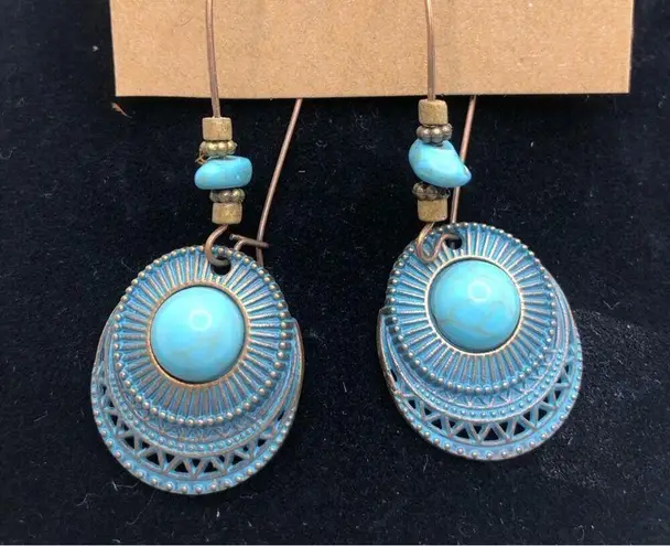 Unique Ethnic Boho Style Beaded Bronze Turquoise Classic Drop Earrings Blue
