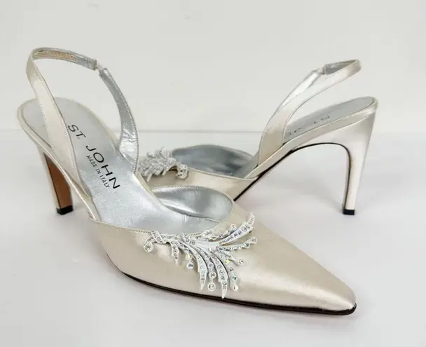 St. John Size 6 Vintage Satin Off White Slingback Crystal Wedding Bridal Heels