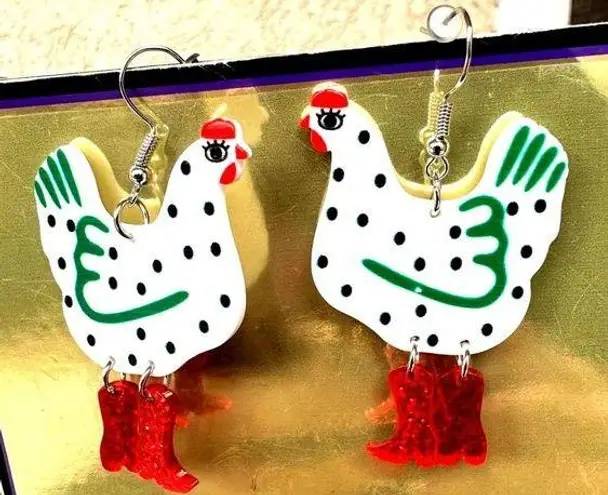 Christmas Chicken Earrings Glitter Red Boots Made for Walking Farm House…