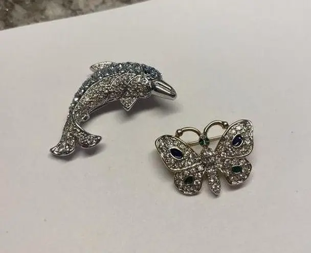 Lot Of 2 Costume Jewelry Brooch Pins Rhinestone Butterfly Insect / Dolphin