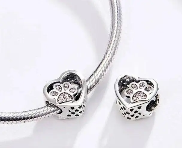 925 Sterling Silver Heart Pet Paw Pendant For Bracelet Beaded Necklace
