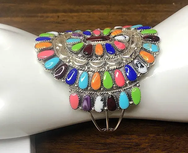 Sterling Silver Petit Point Gemstone and Handcrafted Native American Navajo Cuff