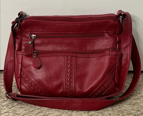 Pebbled Cherry Red Leather Crossbody Bag with Pockets & Adjustable Strap