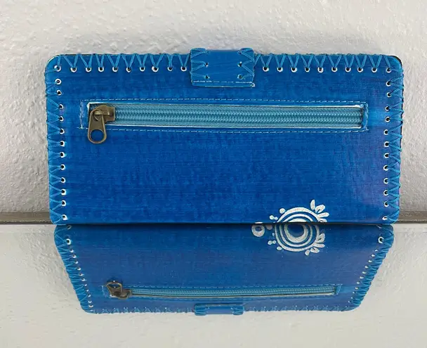 Handmade Boho Blue White Tooled Leather Floral Butterfly Whipstitch Snap Wallet