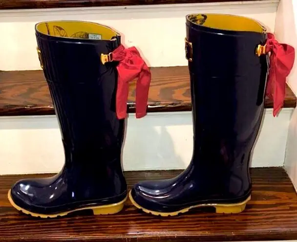 JOULES EVEDON Navy Blue Tall Rain Boots with Red Grosgrain Bows US Size 8