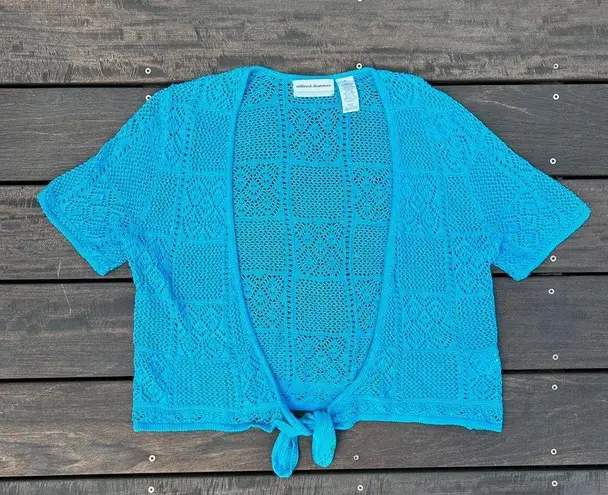 Vintage Y2K Blue Alfred Dunner Crochet Short Sleeve Tie Up Cover Up Cardigan Size L