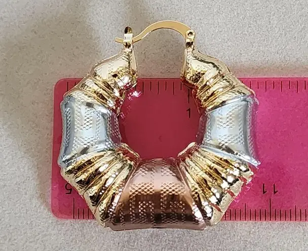 Tricolor Gold Filled Chunky Hoop Earrings Greek Key Design