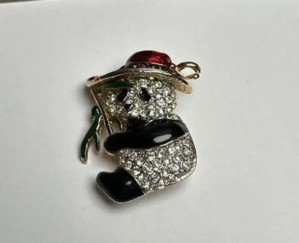 Panda Bear In Red Hat Brooch Pin Rhinestone & Enamel Scarlett O’Hara Gold