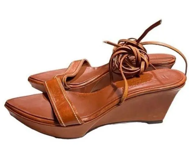 Rare Yves Saint Laurent Camel Leather Open Toe Wedge Sandals Strappy Women 41 Brown Size 10