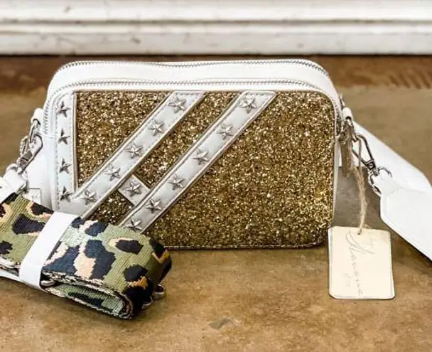 Vintage Havana Meme Gold Glitter Crossbody w/ Extra Camo Strap