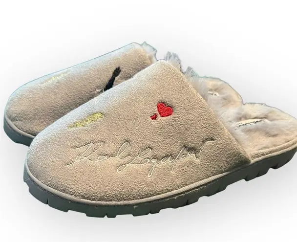 Karl Lagerfeld SZ 7 Grey Paris Slippers Fuzzy Slip On House Shoes Embroidered