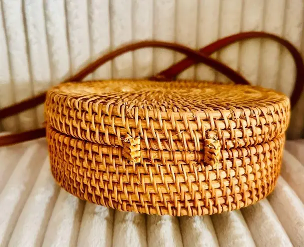 Woven Rattan Round Purse with Leather Strap and Tropical Lining Tan