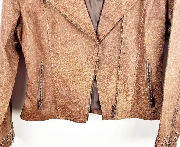 CRIPPLE CREEK Brown 100% Genuine Leather Studded Zipper Pockets Moto Jacket Size M