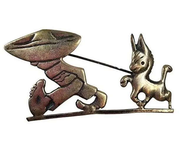 Mexico Silver Man Pulling Donkey Mule Pin Brooch Vintage