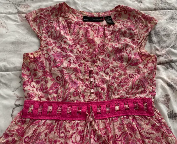 Allison Brittney Floral Pink Beige Barbiecore High Waist Cotton Dress, size M
